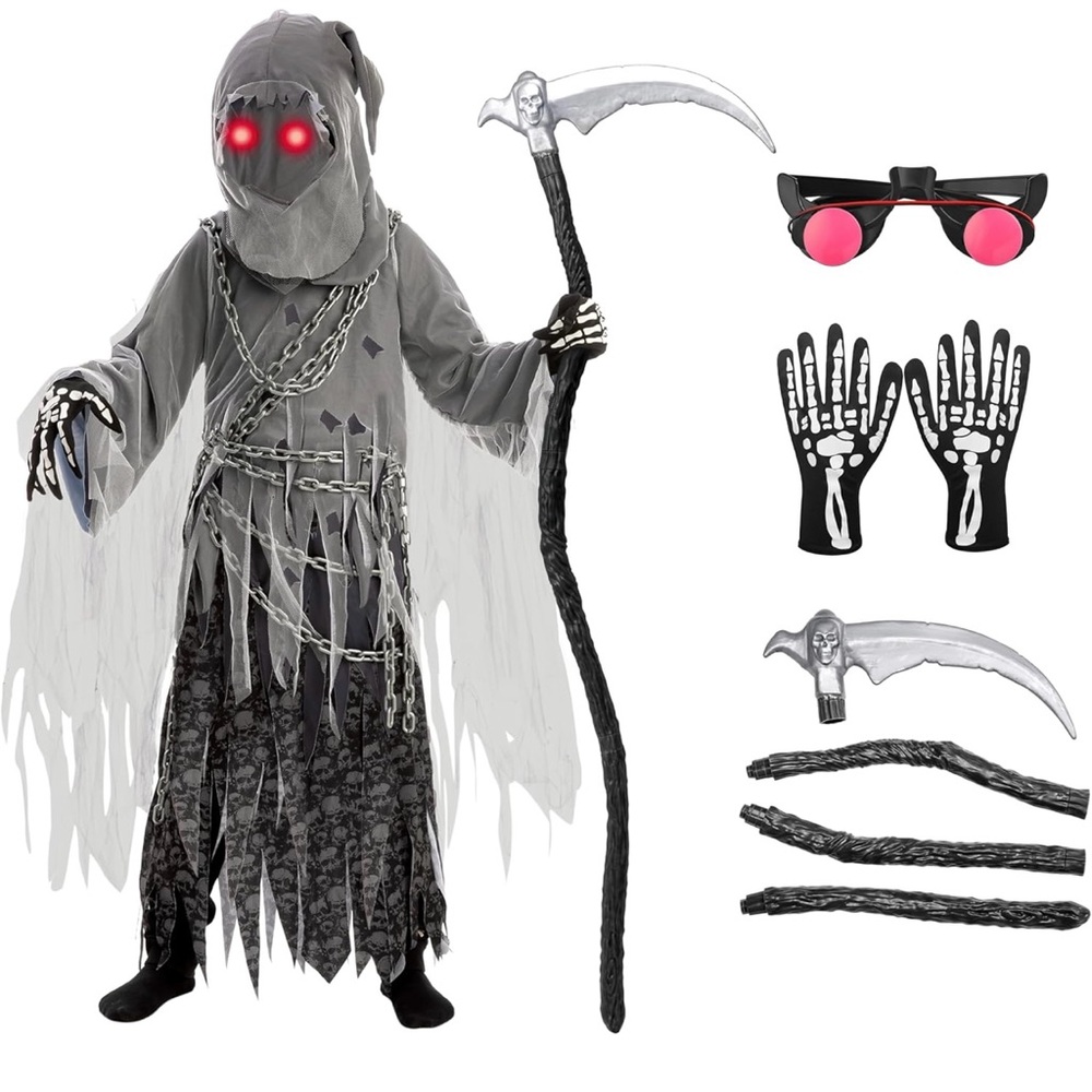 Brand New! Spooky Gray Reaper Kids Costume WITH SCYTHE!